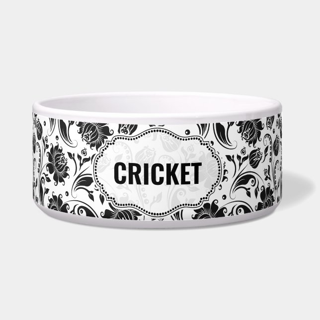 Zwart-wit Damask-patroon - Aangepaste naam Voerbakje (Voorkant)