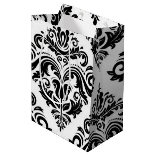 Zwart wit Damask-patroon Afdrukontwerp Medium Cadeauzakje (Voorkant Gekanteld)