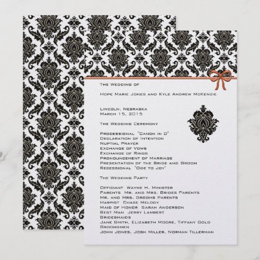 Zwart-wit Damask Pink Trim Wedding Programma Programmakaart (Voorkant / Achterkant)
