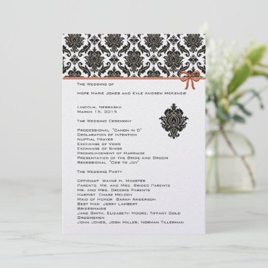 Zwart-wit Damask Pink Trim Wedding Programma Programmakaart (Staand voorkant)
