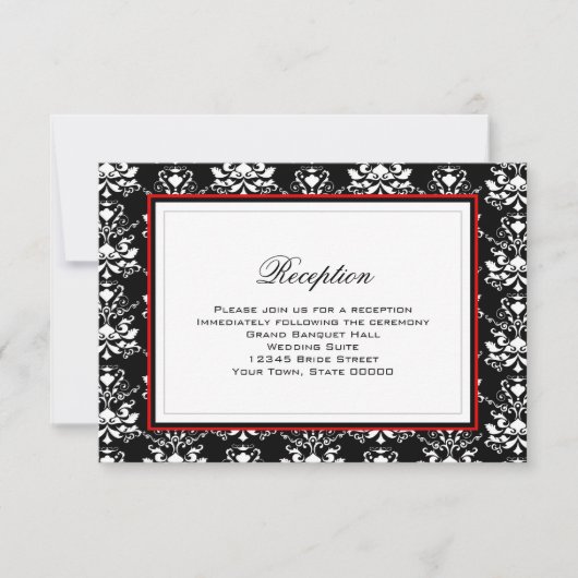 Zwart-wit Damask Red Accent Reception Kaart (Voorkant)