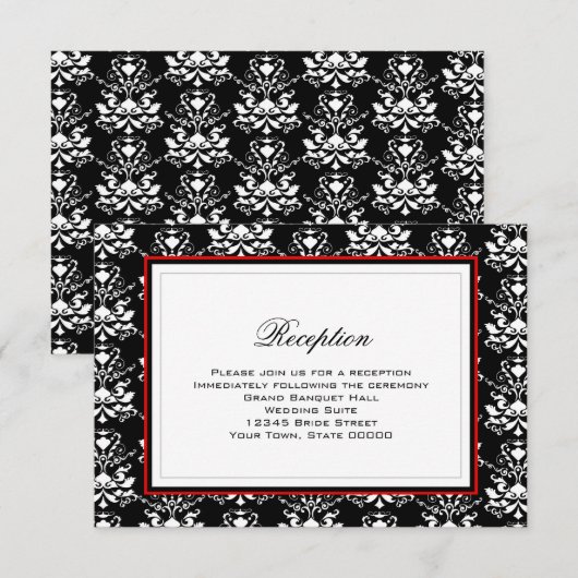 Zwart-wit Damask Red Accent Reception Kaart (Voorkant / Achterkant)