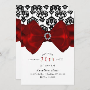 Zwart-wit Damask Red Bow Glam Sweet 16 Party Kaart