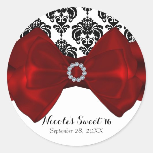 Zwart-wit Damask Red Bow Glam Sweet 16 Party Ronde Sticker (Voorkant)