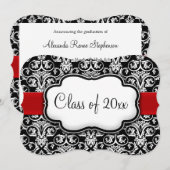 Zwart-wit Damask Red Ribbon Afstuderen Kaart (Voorkant / Achterkant)