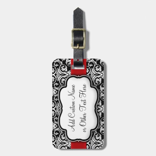 Zwart-wit Damask Red Ribbon Bagagelabel (Voorkant verticaal)