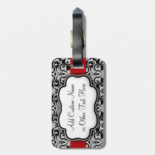 Zwart-wit Damask Red Ribbon Bagagelabel (Achterkant verticaal)