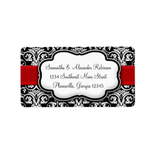Zwart-wit Damask Red Ribbon Etiket (Voorkant)