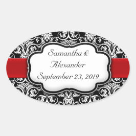 Zwart-wit Damask Red Ribbon Ovale Sticker