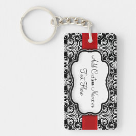 Zwart-wit Damask Red Ribbon Sleutelhanger