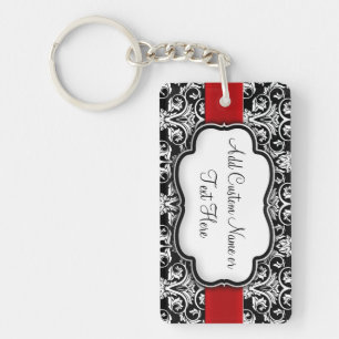 Zwart-wit Damask Red Ribbon Sleutelhanger