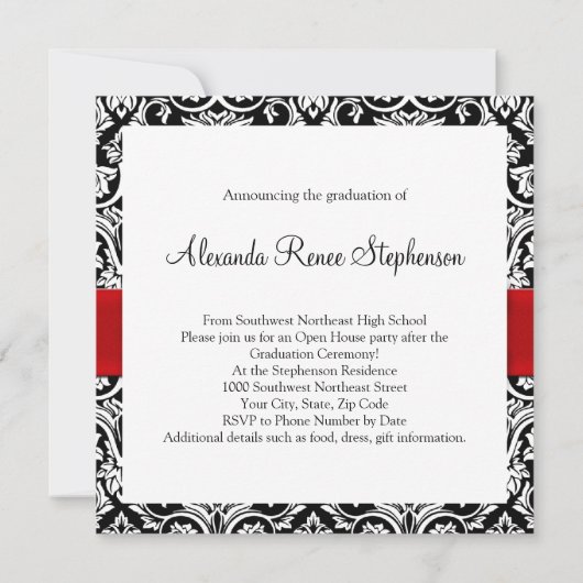 Zwart-wit Damask Red Ribbon Square Afstuderen Kaart (Achterkant)