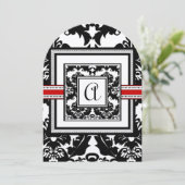 Zwart-wit Damask Red Trim Monogram Weddenschap Kaart (Staand voorkant)