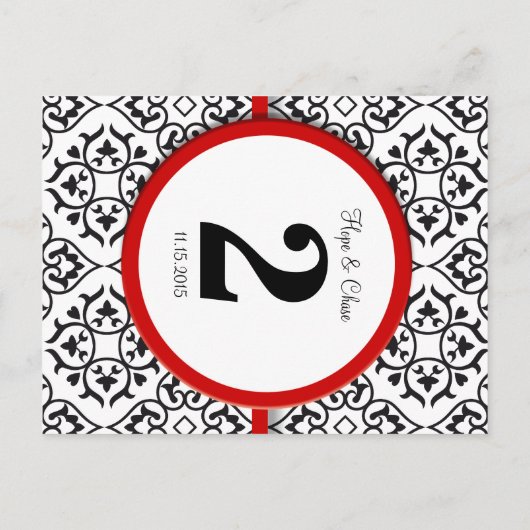 Zwart-wit Damask Red Trim-tabelnummer Briefkaart (Achterkant)