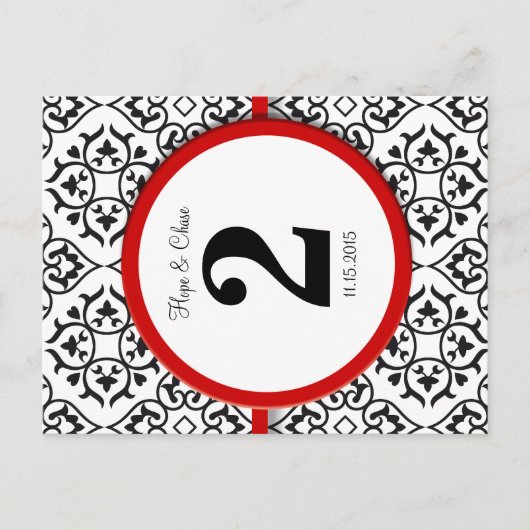 Zwart-wit Damask Red Trim-tabelnummer Briefkaart (Voorkant)