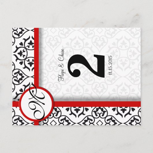 Zwart-wit Damask Red Trim-tabelnummer Briefkaart (Voorkant)