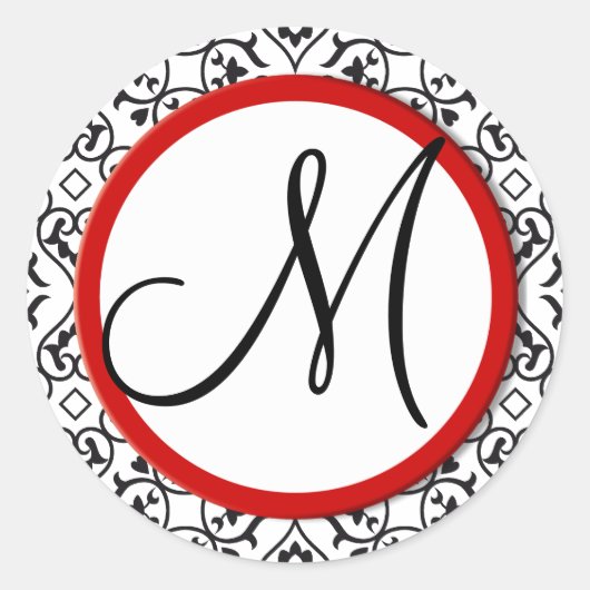 Zwart-wit Damask Red Trim Wedding Seal Ronde Sticker (Voorkant)