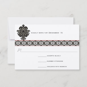 Zwart & Wit Damask Rode Trim Bruiloft Reactie RSVP Kaartje