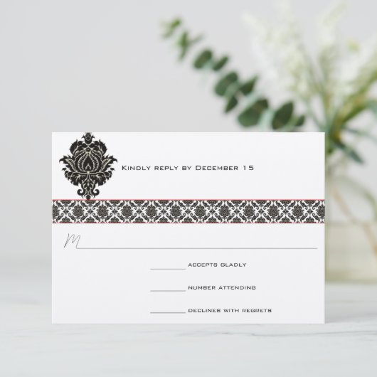 Zwart & Wit Damask Rode Trim Bruiloft Reactie RSVP Kaartje (Staand voorkant)