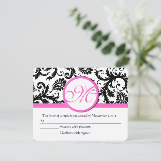 Zwart-wit Damask roze Trim RSVP (Staand voorkant)