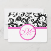 Zwart-wit Damask roze Trim RSVP Kaartje (Achterkant)