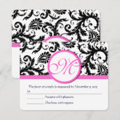 Zwart-wit Damask roze Trim RSVP Kaartje (Voorkant / Achterkant)