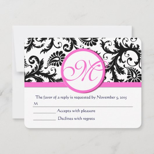 Zwart-wit Damask roze Trim RSVP Kaartje (Voorkant)
