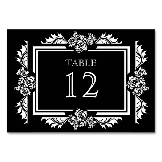 Zwart & Wit Damask Rozen Tafelnummer Kaarten (Voorkant)