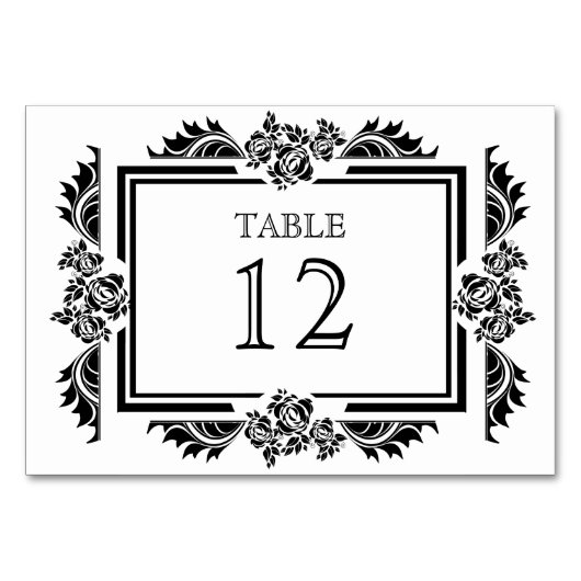 Zwart & Wit Damask Rozen Tafelnummer Kaarten (Voorkant)