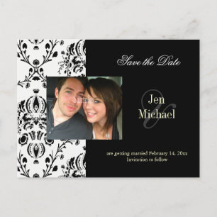Zwart + wit Damask Save Date Foto briefkaarten, Aankondigingskaart