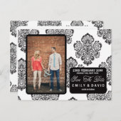 Zwart Wit Damask Save the Date Foto Briefkaart (Voorkant / Achterkant)