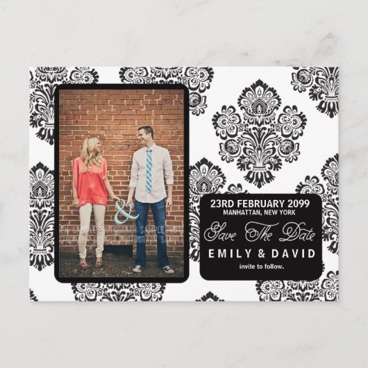 Zwart Wit Damask Save the Date Foto Briefkaart (Voorkant)