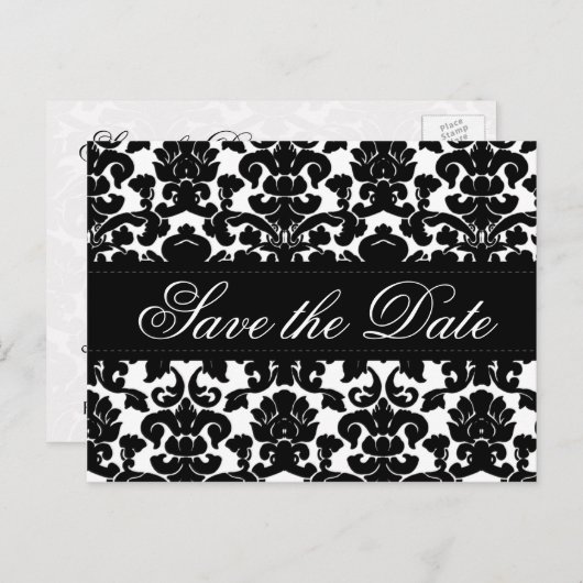 Zwart-wit Damask Save the Date Kaart (Voorkant / Achterkant)