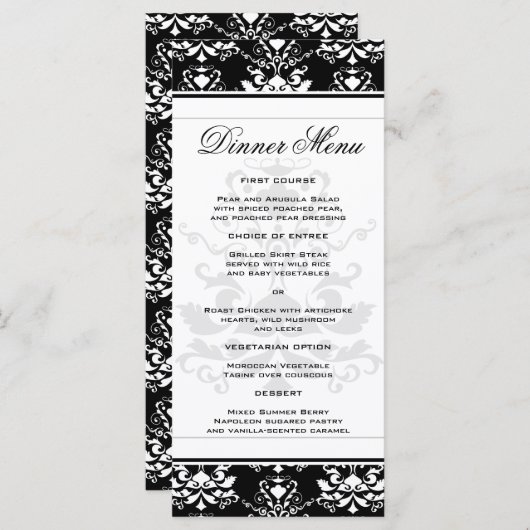 Zwart-wit Damask Slim Dinner Menu (Voorkant / Achterkant)