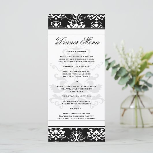 Zwart-wit Damask Slim Dinner Menu (Staand voorkant)