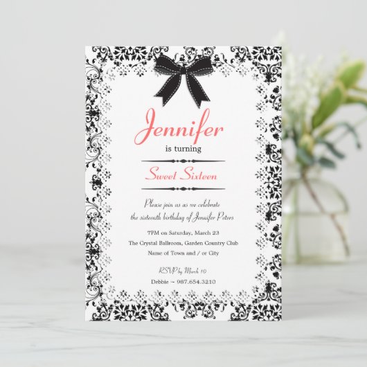 Zwart & Wit Damask Sweet 16 5x7 Uitnodiging (Staand voorkant)