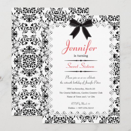 Zwart & Wit Damask Sweet 16 5x7 Uitnodiging (Voorkant / Achterkant)
