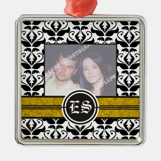 Zwart-wit damask trouwfoto ornament (Voorkant)