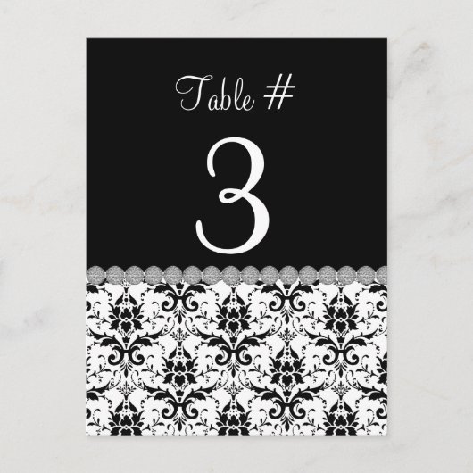 Zwart & Wit Damask Trouwtafel Nummer Kaart (Voorkant)