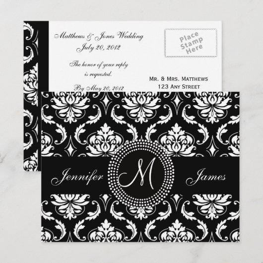 Zwart Wit Damask Wedding RSVP Briefkaart (Voorkant / Achterkant)