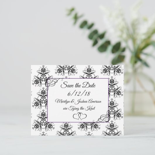 Zwart Wit Damask Wedding Save the Date Briefkaart (Staand voorkant)