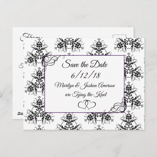 Zwart Wit Damask Wedding Save the Date Briefkaart (Voorkant / Achterkant)
