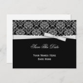 Zwart wit Damask zilver Bow lint sparen de datum Aankondigingskaart (Voorkant / Achterkant)