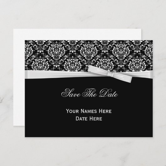 Zwart wit Damask zilver Bow lint sparen de datum Aankondigingskaart (Voorkant / Achterkant)