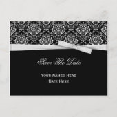 Zwart wit Damask zilver Bow lint sparen de datum Aankondigingskaart (Voorkant)