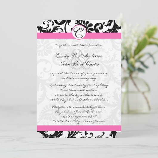 Zwart-wit Damask zwemt Fuchsia Pink Trim Kaart (Staand voorkant)