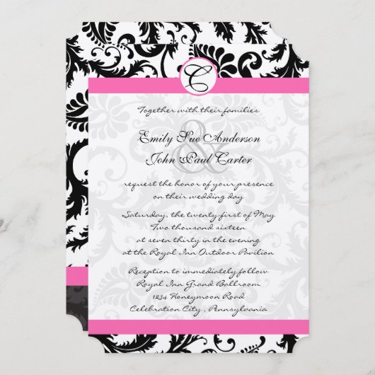 Zwart-wit Damask zwemt Fuchsia Pink Trim Kaart (Voorkant / Achterkant)