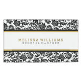 Zwart & Wit Damasks Goud Glitter Accent Naambadge (Voorkant)