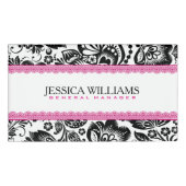 Zwart & Wit Damasks Roze Kant Accenten Naambadge (Voorkant)