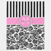 Zwart-wit Damasks & Stripes Monogram Fleece Deken (Voorkant)